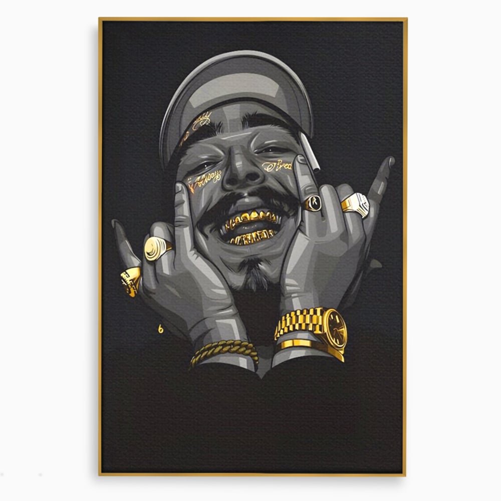 Tablou canvas cu tablou canvas cu portret post malone, in rama de aluminiu auriu